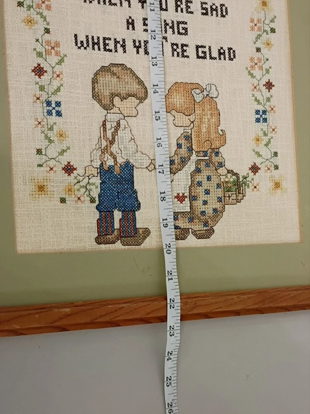 Vintage Green-Matted Framed Cross-Stitch Friendship Art